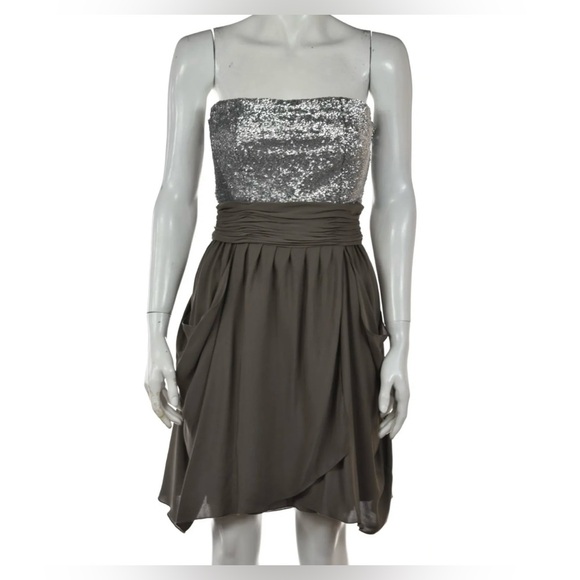 Alice + Olivia Womens Dress Size 2 Silver Taupe Sequined Sheath Strapless Short - Picture 2 of 16